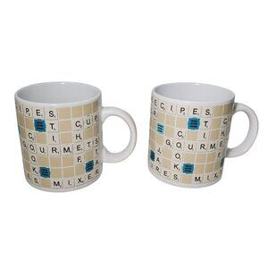 Hasbro Scrabble Tiles Game Board Set Of 2 Ceramic Mugs Cups 12 oz.